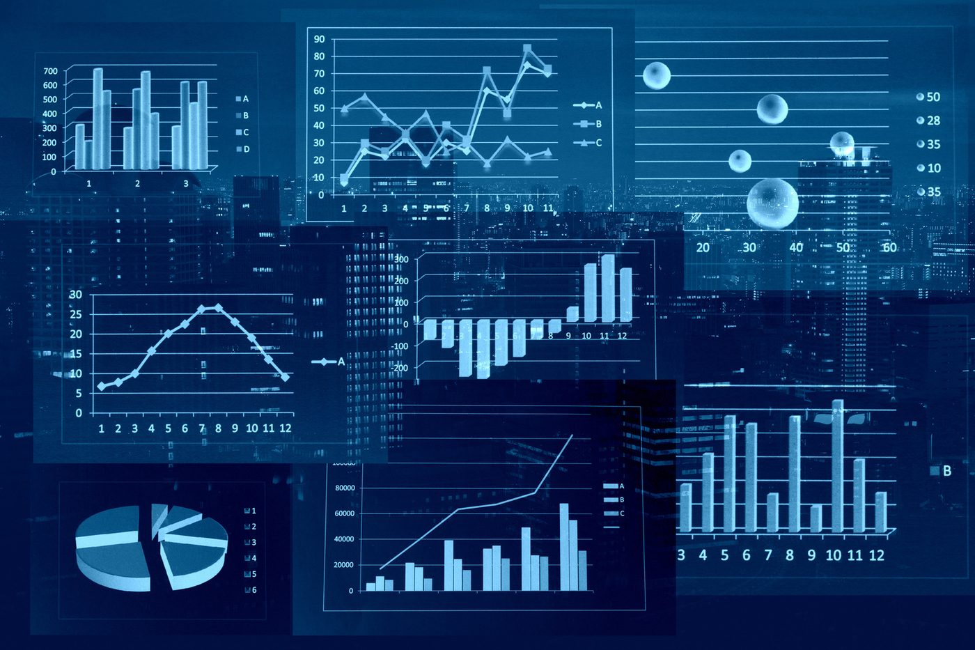 Financial charts layered over a city skyline.