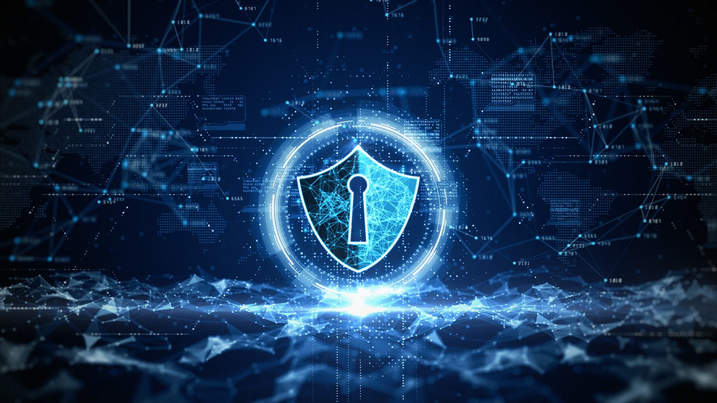A luminous shield over a digital network.